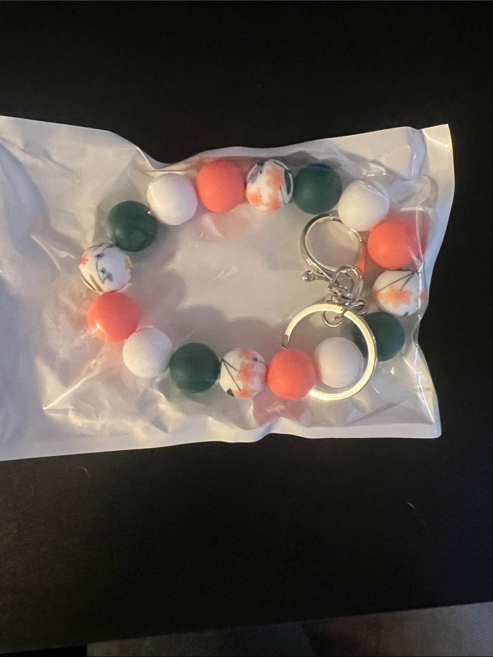 Beaded Wristlet Keychain Bracelet - Orange, Green & White